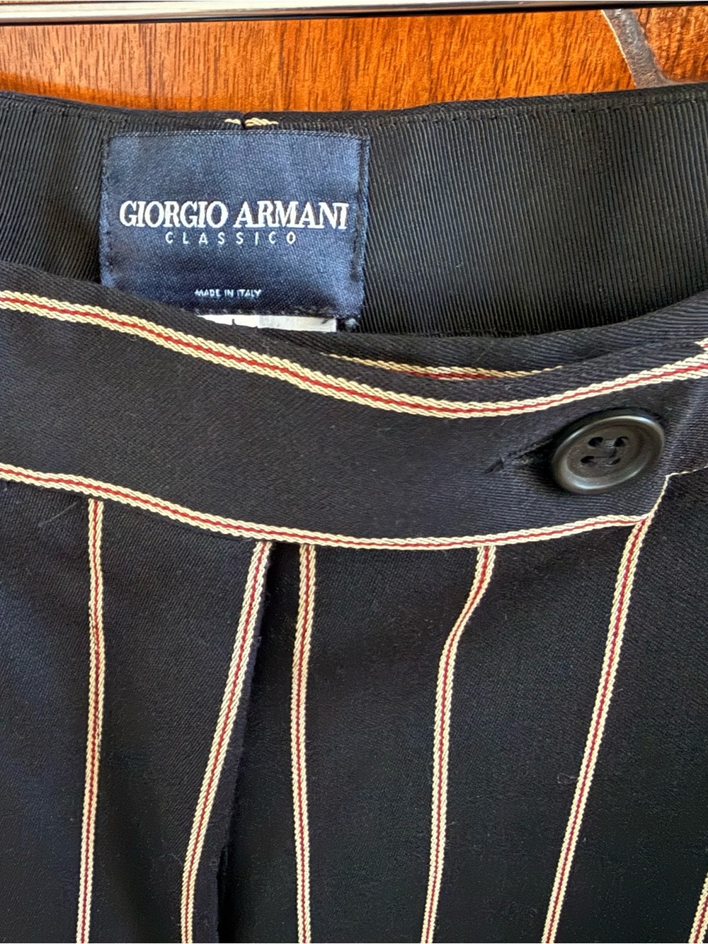 Giorgio Armani black trousers with cream and red pinstripes